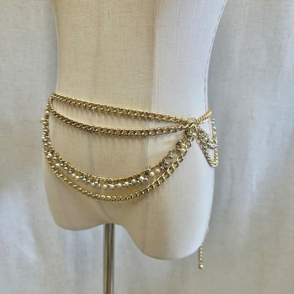 Gold Tone Multi Layer Chain Belt Faux Pearl Rhinestone Dangle Accent One‎ Size main image 6